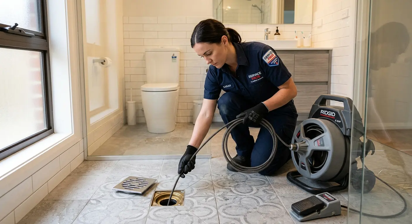 Technician clearing a bathroom floor drain for Drain Cleaning in Dublin